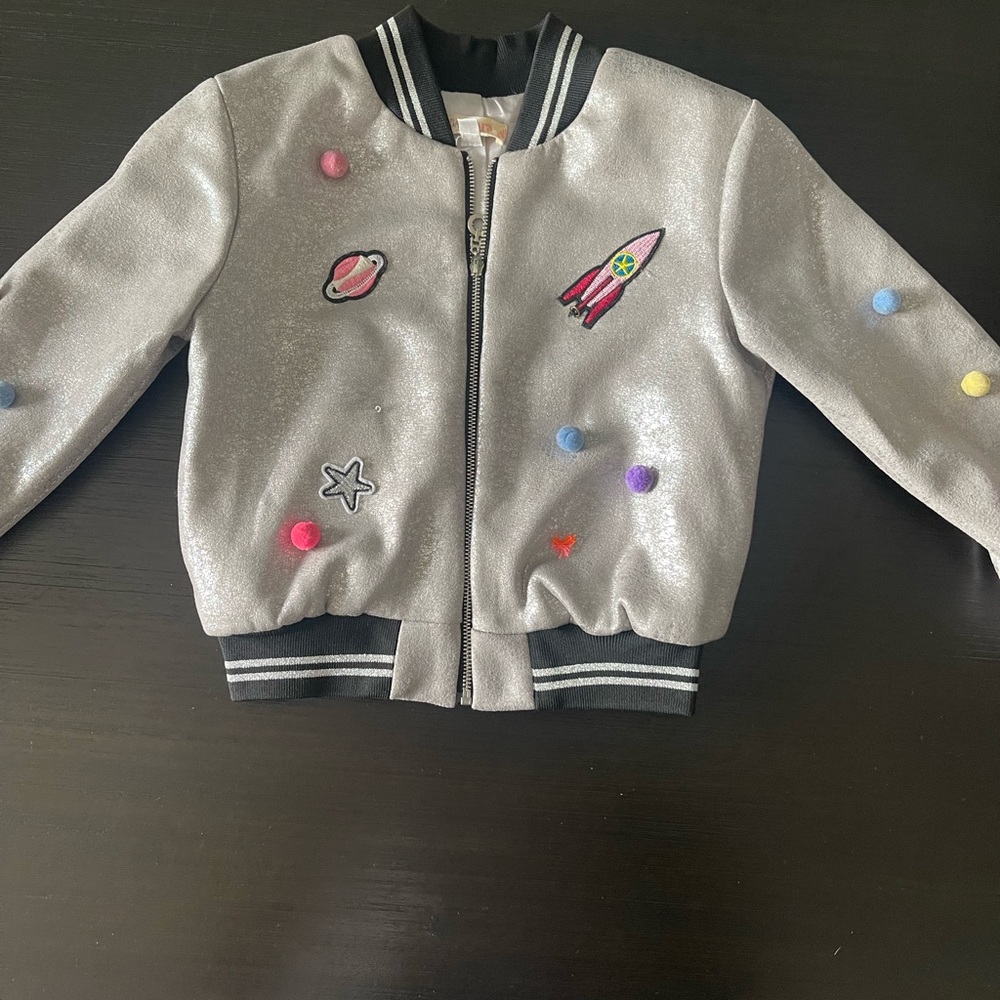Sara Sara Truly Me Silver Metallic Space Rocket Ship Pom Pom Bomber Jacket